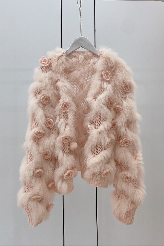 Mantel Bulu Tenun Bulu Rubah Baru Musim Gugur Sweter Kardigan Bulu Asli Bunga Pendek Wanita