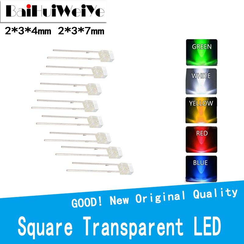 100PCS/LOT 2x3x4 MM Rectangular LED Emitting Diode Lamp White Red Green Blue Yellow Clear Diffused Color Micro DIY Indicator 3V