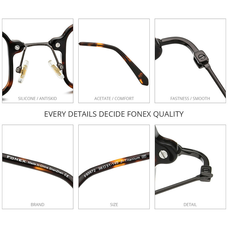 FONEX إطار نظارات Acetate تيتانيوم للرجال إطار جديد نظارات بصرية مربعة كلاسيكية للنساء نظارات بصرية F85672