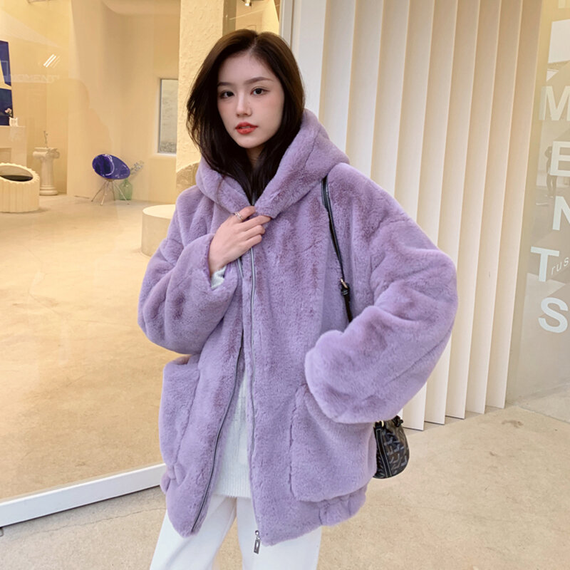 2022Autumn/Winter Imitation Otter Rabbit Fur Coat Women Mid-Length Fashion Plush Loose Thick Warm Jacket Hooded Female Outerwear