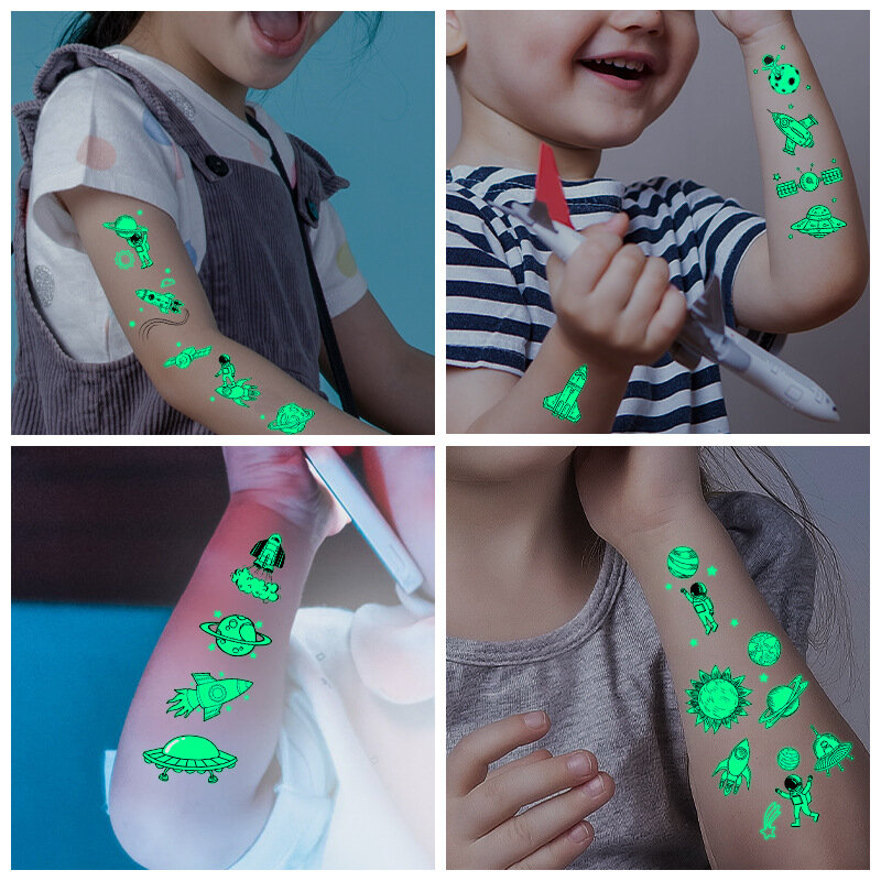 Pegatina de tatuaje luminosa para niños, juguete impermeable temporal con dibujos animados de astronauta espacial, arte corporal, brazo y cara, regalo para niños