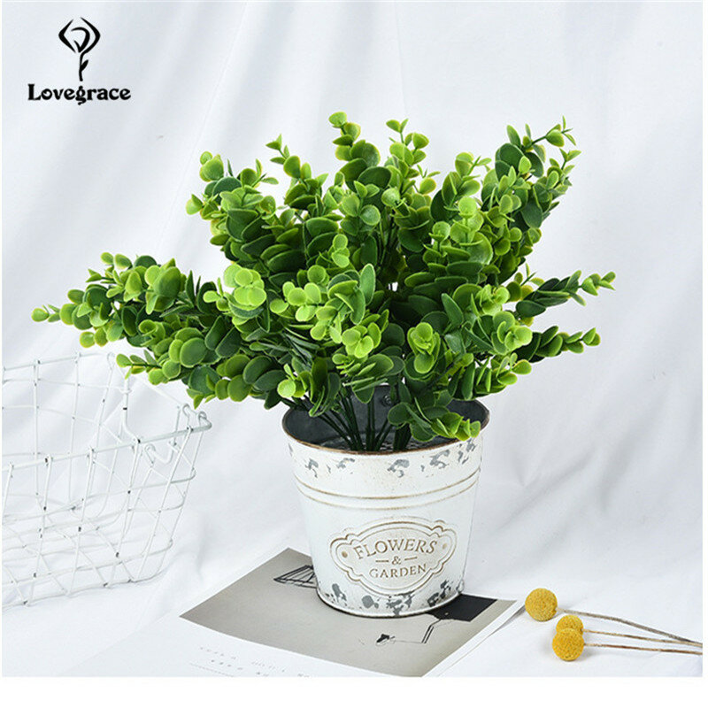 인공 식물 유칼립투스 플라스틱 가짜 잎 녹색 나무 7 포크/결혼식을위한 가지 DIY 장식 꽃꽂이 가짜 단풍