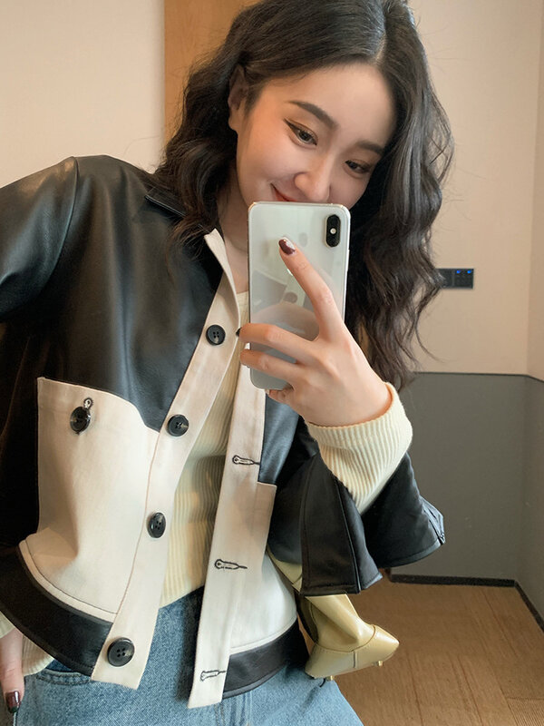 9871 herbst Frauen Biker Mantel Farbe Kontrast PU Leder Jacke Taste Mode Streetwear Koreanischen Stil Kurzen Tops Weibliche Oberbekleidung