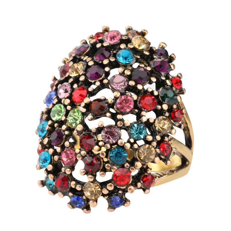 Anel de cristal de cor retrô, anel de tamanho 10 para mulheres, cor dourada preenchida, anéis de moda elástica, femininas