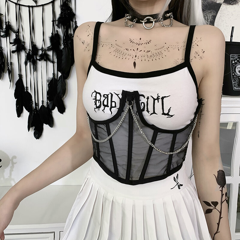 Cintura corsetto da donna Punk Metal Chain Mall Goth Cummerbund vita alta Harajuku Vintage Mesh See Through Waist Shaper corsetti