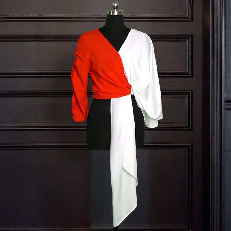 Женская блузка в стиле пэчворк, белая или оранжевая Повседневная рубашка неправильной длины с V-образным вырезом и поясом, классические топ...