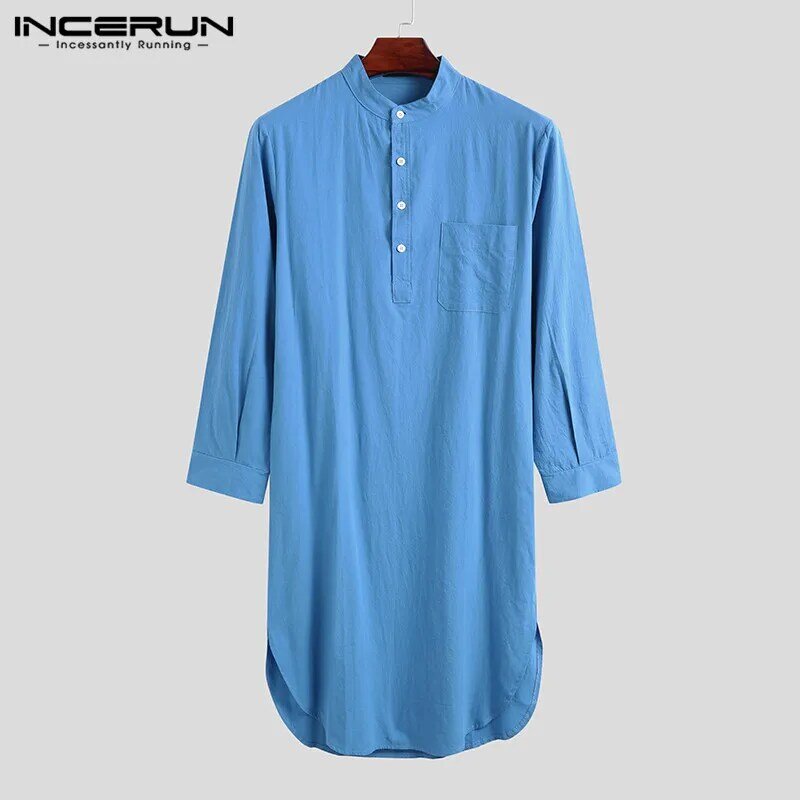 2023 Men's Sleep Robes Solid Color Cotton Long Sleeve Comfort Leisure Homewear O Neck Nightgown Mens Bathrobes INCERUN S-5XL 7