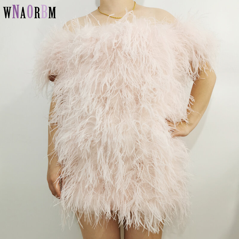 Gaun Rambut Burung Unta Alami 100% Seksi Mantel Bulu Wanita Gaun Bahu Terbuka Dada Rendah Mantel Bulu Burung Unta Asli Rok Mini Bulu