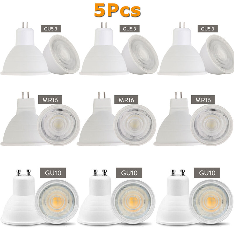 Refletor LED regulável, Lâmpada COB, Super Brilhante, Lâmpada de Mesa, Downlight, Branco Frio, Branco Quente, 5X, GU10, MR16, GU5.3, 7W, 220V, 110V