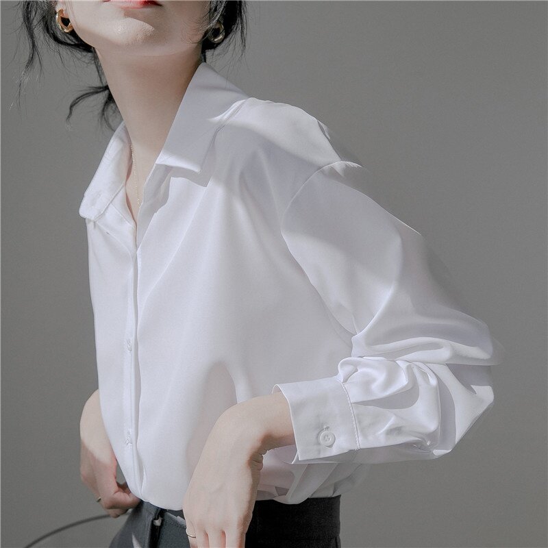 Blusa holgada de gasa para mujer, camisa blanca de manga larga, Color liso, primavera y otoño