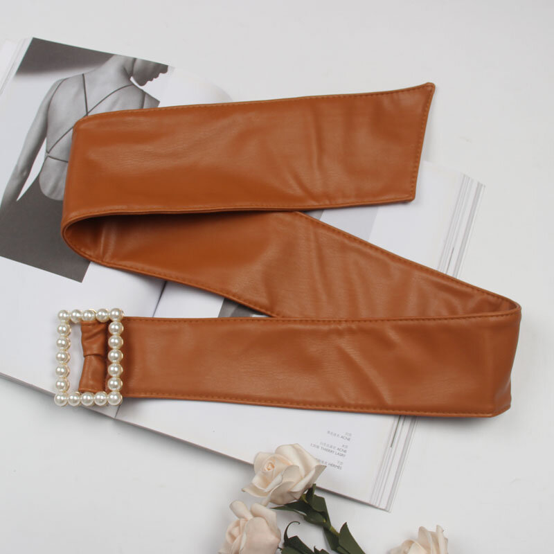 Suéter ancho de cuero Artificial para mujer, cinturón de moda con perlas decorativas con incrustaciones de botones cuadrados para las cuatro estaciones, nuevo diseño