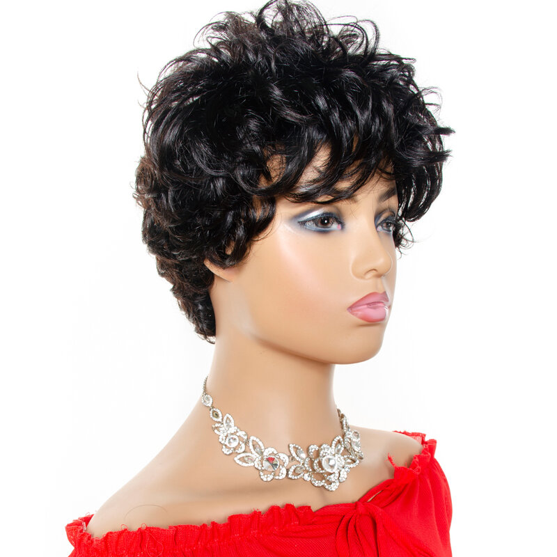 Pelucas de cabello humano brasileño para mujer, postizo de corte Pixie corto con flequillo, rizado suelto, hecho a máquina, 130% de densidad, Remy