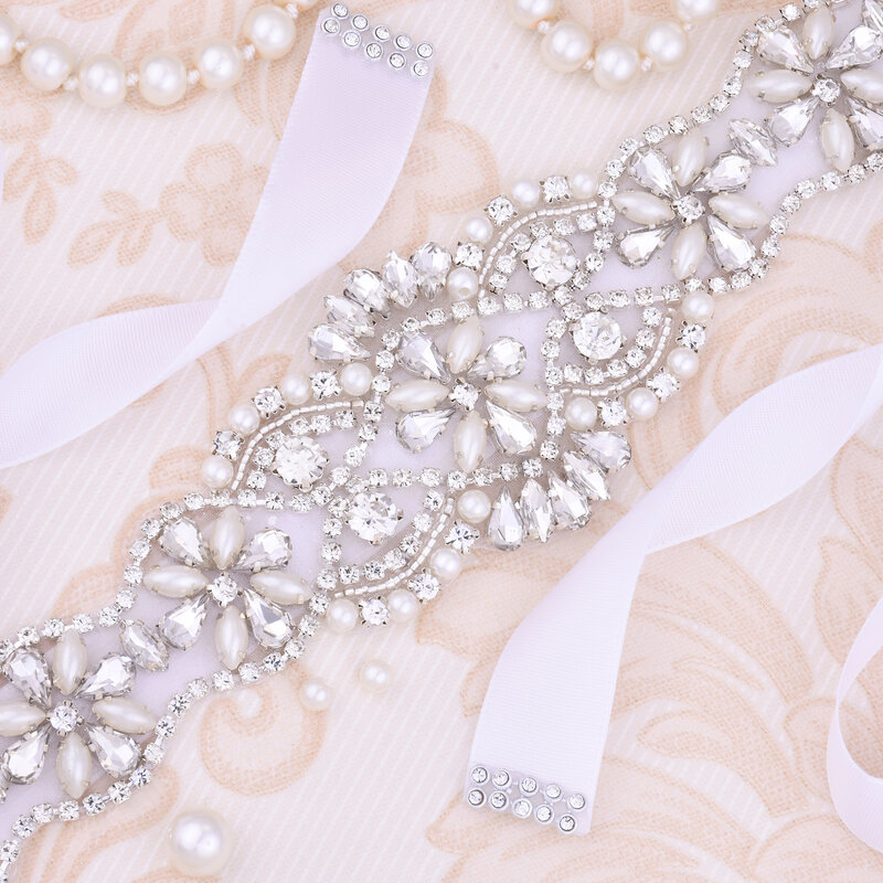 SESTHFAR-Cinturón de boda con perlas, cinturón nupcial de cristal, diamantes de imitación de plata, faja nupcial de satén para accesorios de vestido de novia