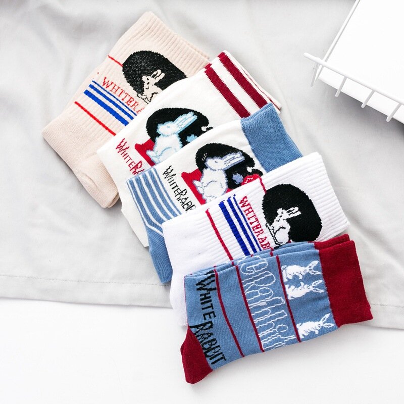 Engraçado criativo coelho meias de algodão moda feminina dos desenhos animados jacquard em meias tubo alta qualidade feliz esportes meias calcetines mujer