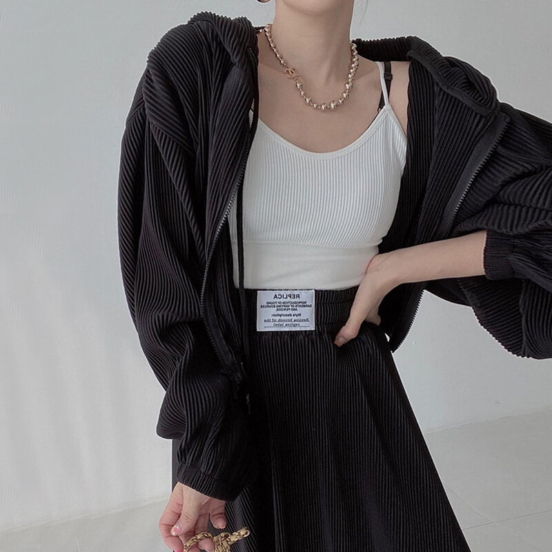 2022ฤดูใบไม้ผลิ2ชิ้นชุดชุดสตรีสูงเอวกระโปรงลายสก๊อต2ชิ้นชุดเกาหลี Cropped หญิง Hooded Top Coat + ROK High Waist