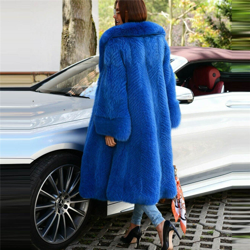 Mantel Bulu Rubah Biru Asli Mode Wanita Panjang 100Cm dengan Kerah Lapel Besar Jaket Bulu Rubah Asli Alami Mantel Musim Dingin Yang Hangat