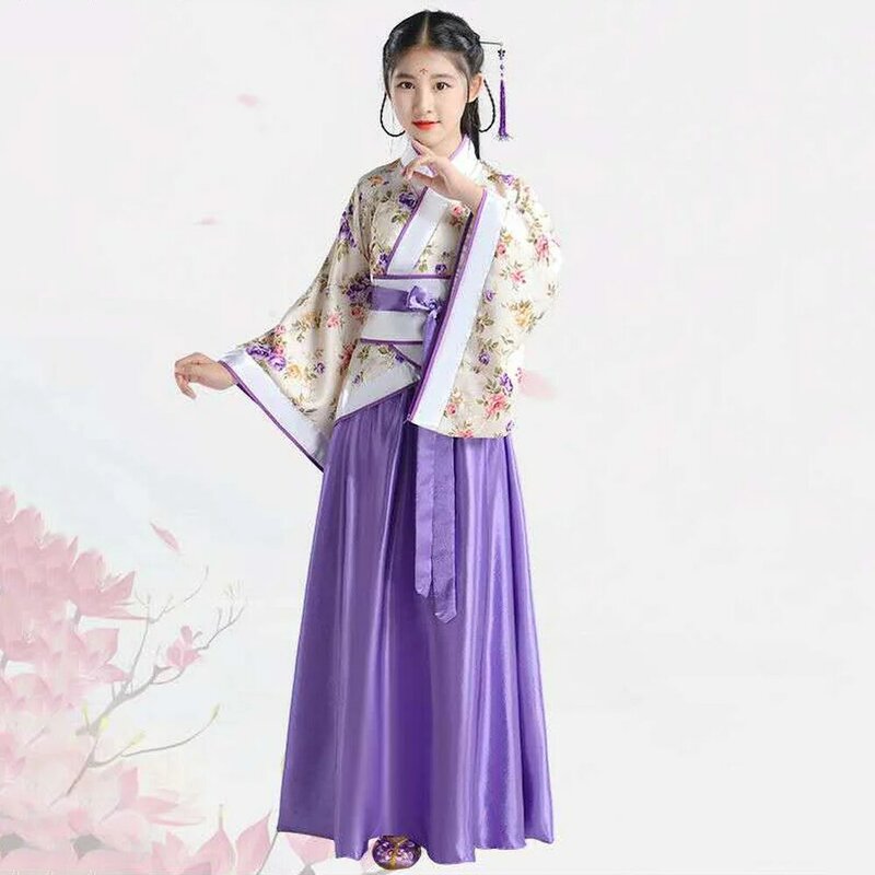 Vestido bordado para meninas, saia chinesa tradicional + top quimono azul, lavanda, rosa, vermelho, hanfu chinês elegante, vestido infantil