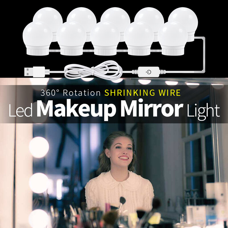 Lámpara LED USB de espejo para tocador tipo Hollywood, 12V, luz de pared para maquillaje, kit de 2, 6, 10 o 14 bombillas