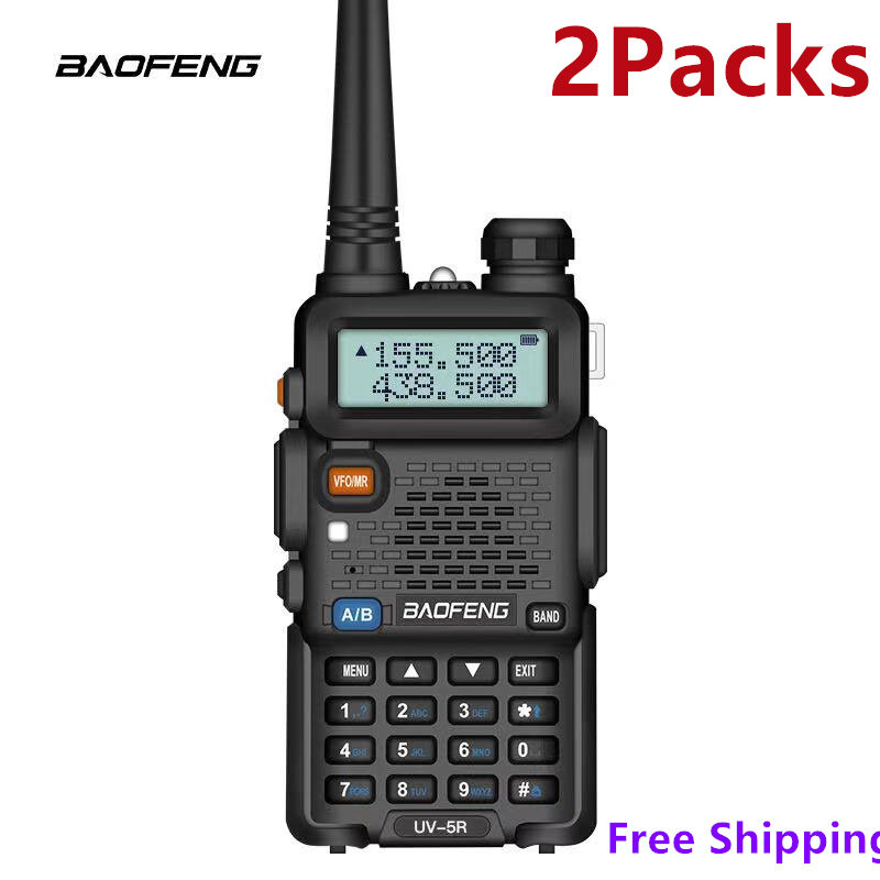BaoFeng-Radio portátil UV 5R de doble banda, dispositivo Real de 5W, 10KM, 128 canales, VHF(136-174MHz), UHF(400-520MHz), Amateur, 2 paquetes