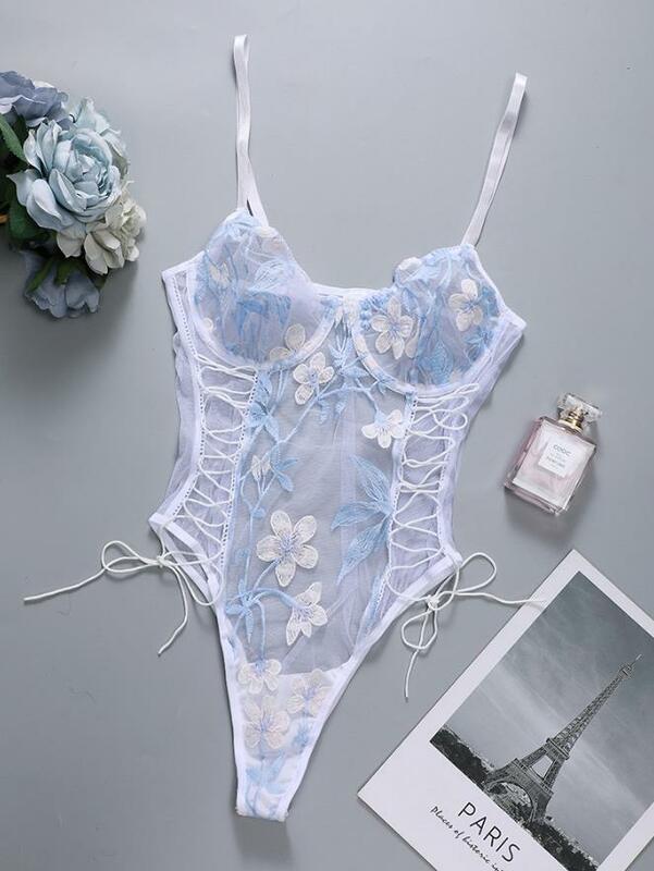 Floral Embroidery Teddies Bodysuit Women Push Up Lace Lingerie Exotic Women Sexy Spaghetti Strap Babydoll Transparent Bodysuits