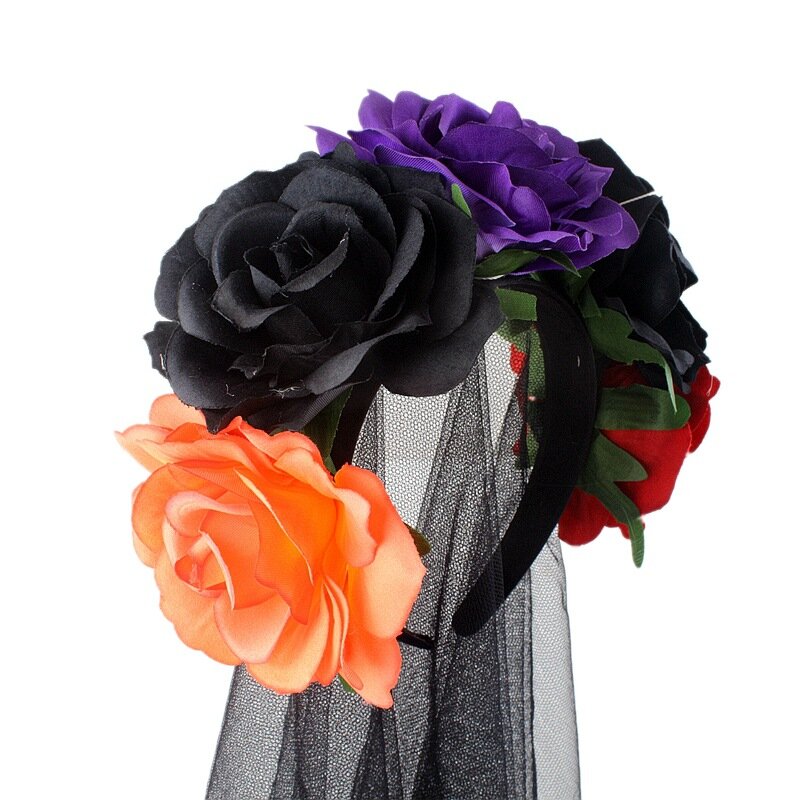 New Style Black Rose Flower Veil, Head Buckle for Party of the Dead, Halloween Witch Dress Up, Headband, Headdress