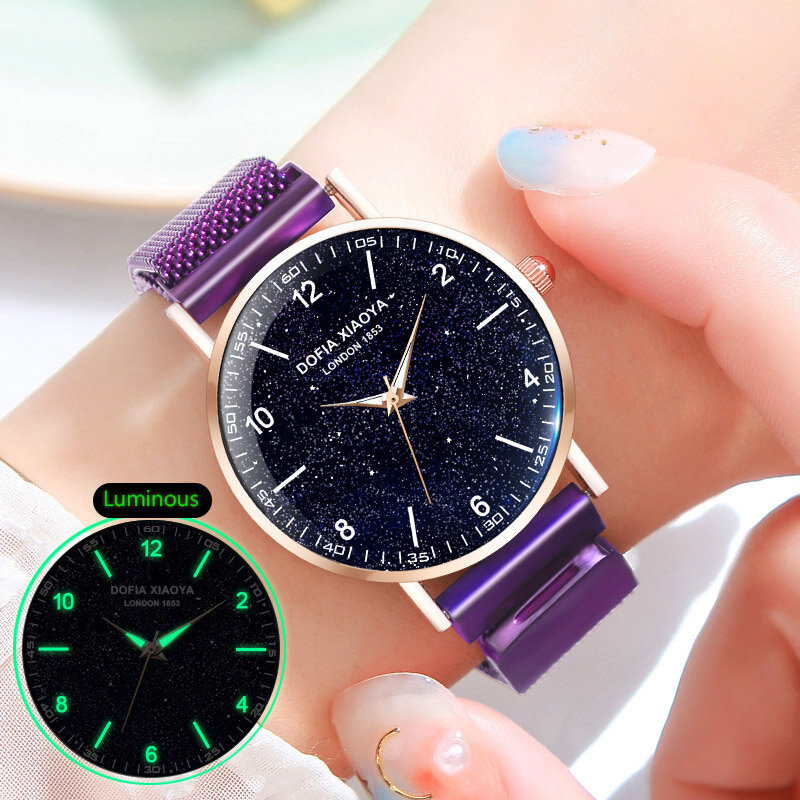 Frauen Uhren Kreative Magnet Starry Sky Uhr Leucht Arabisch Uhr Damen Milanese Schleife Armbanduhr Wasserdicht Rose Gold Stunde