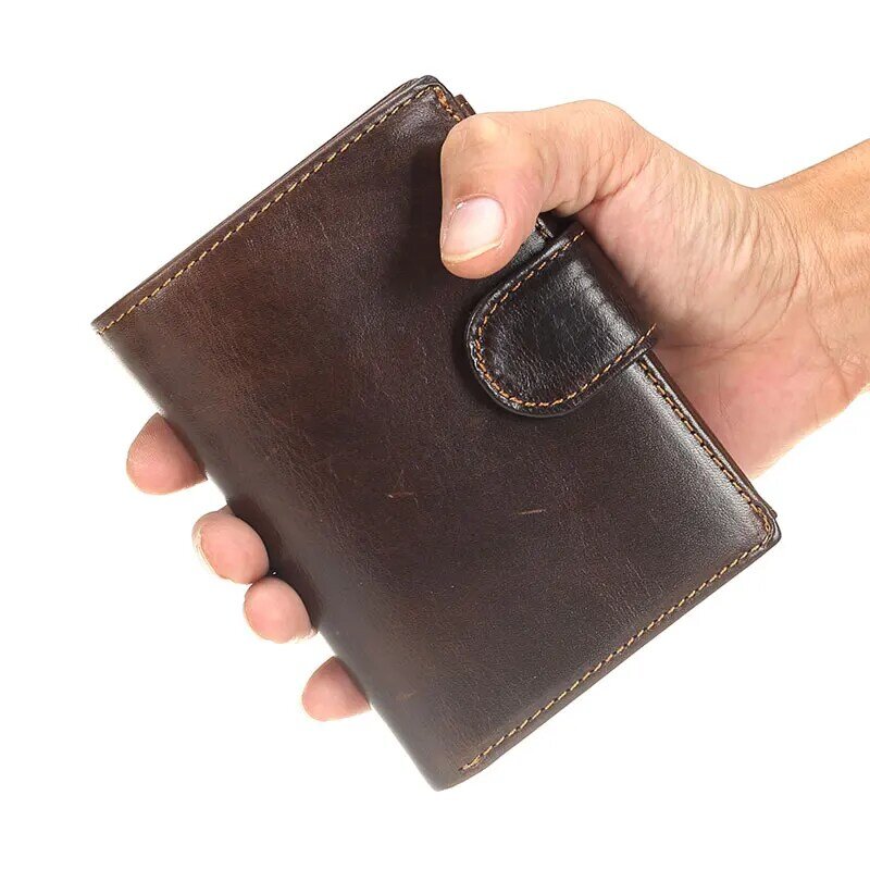 MACHOSSY-cartera de piel de vaca auténtica para hombre, monedero de mano, cierre abierto, billetera corta Retro de alta calidad, 13,5 cm x 10cm