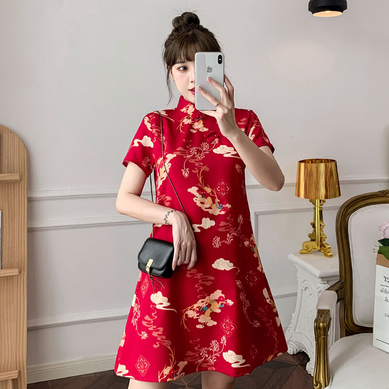 M-4XL 2022 السنة الجديدة الصيف الأحمر الاتجاه الشارع الموضة الحديثة شيونغسام ألف خط فستان المرأة تشيباو الملابس الصينية التقليدية