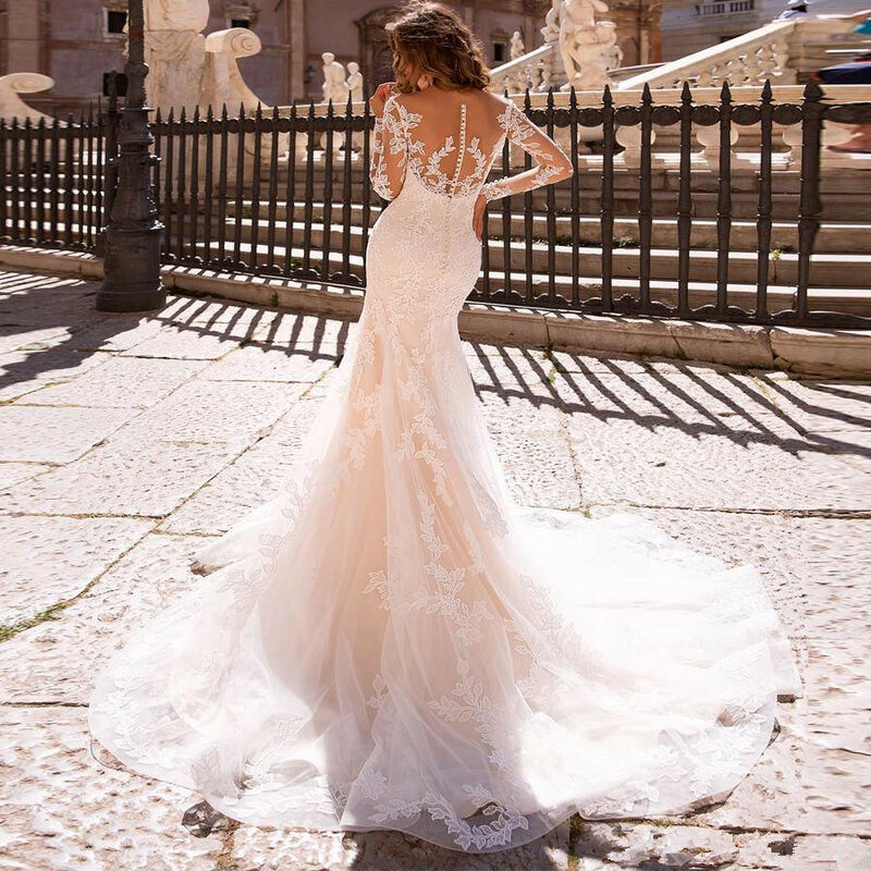 Suknie ślubne syrenka z odpinanym pociągiem długie rękawy aplikacja z koronki dekolt suknia ślubna suknie Vestidos De Novia Sexy White