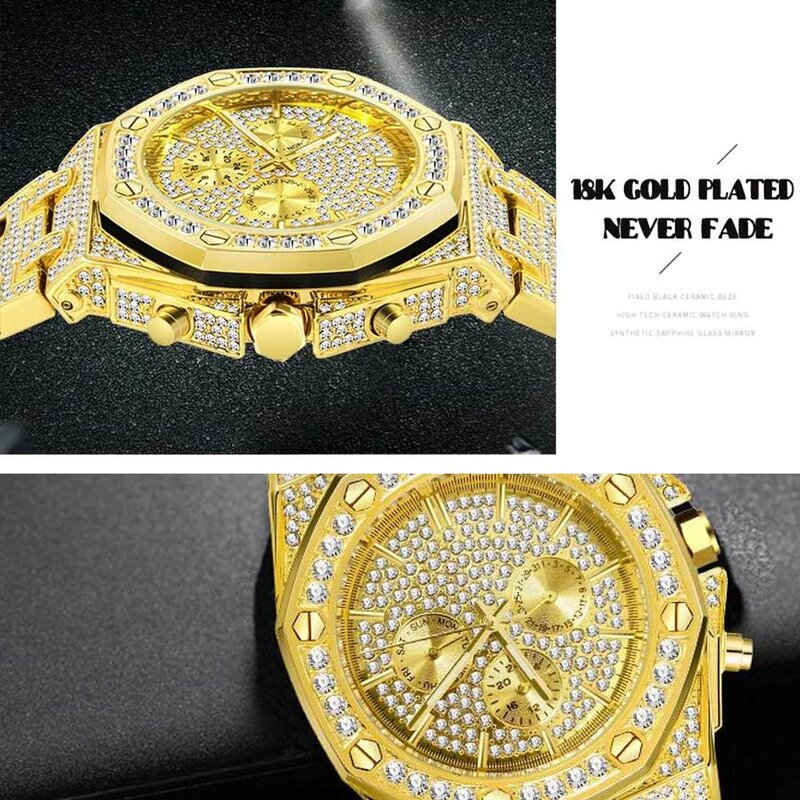 Reloj de oro de 18K para hombre, pulsera de cuarzo resistente al agua con diamantes ostentosos, estilo Hip Hop de acero inoxidable
