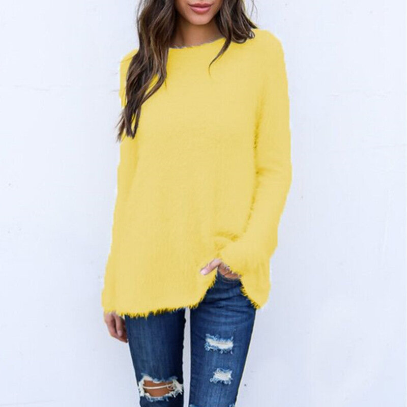 Nowa damska moda jednolity kolor z długim rękawem luźny damski sweter Top