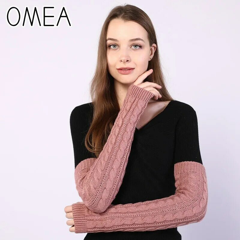 OMEA Women Knitted Arm Sleeves with Twist Braid Pattern Half-finger Gloves Solid Color Spring Arm Sleeve Oversleeves Female Warm