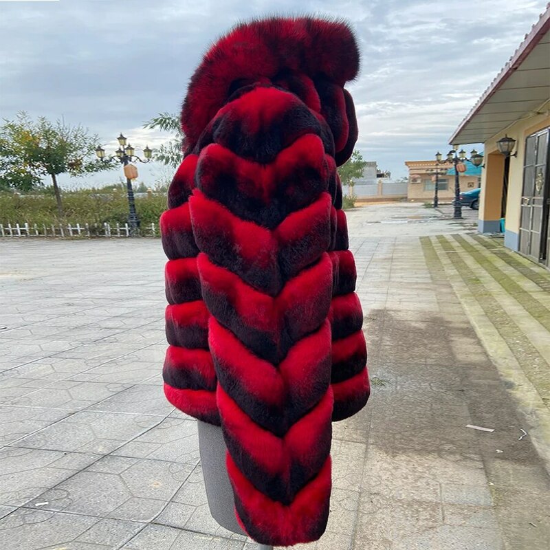 Rabbit Fur Jacket Fox Fur Collar Women New Fashion Warm Outerwear Winter Coat Hooded