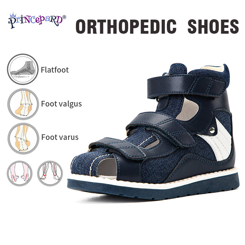 Princepard Denim Summer Breathable Closed Toe Sandals Children Orthopedic Shoes with High Back for Clubfoot Ankle Support Care