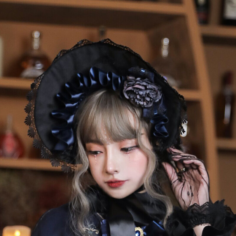 Melonshow สไตล์โกธิค Lolita Bonnet Tea Party Lolita อุปกรณ์เสริม Victorian หมวกผู้หญิงหมวก Vintage Headhands ดอกไม้