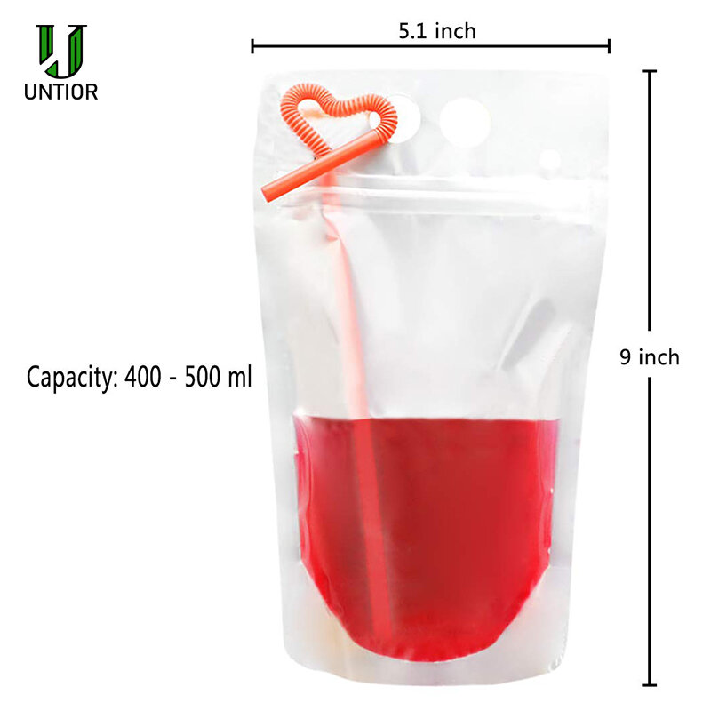 UNTIOR 50/100Pcsเครื่องดื่มPouchesกับฟางทิ้งน้ำแข็งเครื่องดื่มPouches Smoothieพร้อมหลอดดูดดื่มทิ้งน้ำกระเป๋า