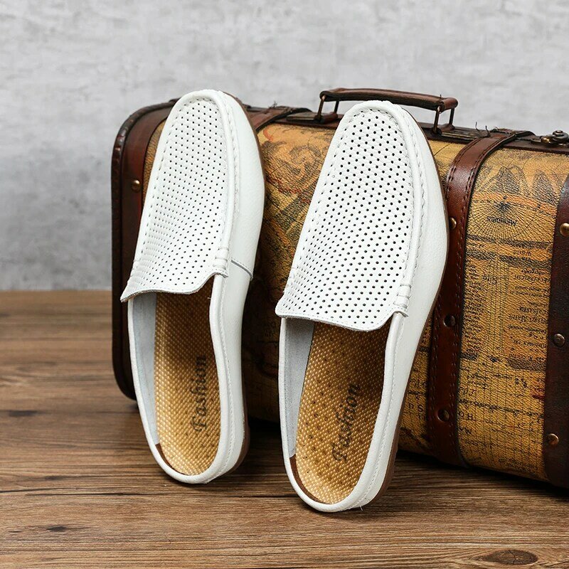 Summer Men Shoes Luxury Brand genuine Leather Casual Half Shoes Men Slippers Breathable outdoor Navy Studded Penny Loafers