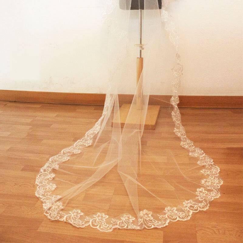 رومانسية 1.5 متر أنيقة كاتدرائية طويلة طبقة واحدة الدانتيل حافة الأبيض الحجاب الزفاف الحجاب الزفاف Mantilla