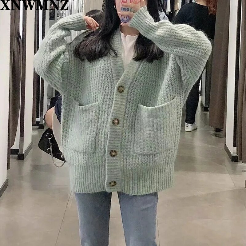 XNWMNZ Za women 2020 knit cardigan with patch pockets V-neckline long sleeves contrast buttons Female Ladies tops