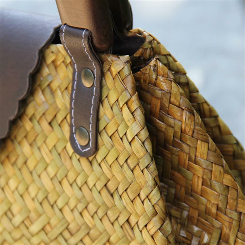 30x22CM Original Chinese Style Features Handmade Old Straw Rattan Woven Retro Wooden Handle Handbag Bag a6100