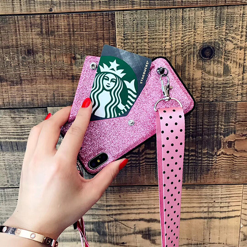 Luxury Pink Victoria Secret Glitter Embroidery Leather Phone Case For iphone 7 Case Xs Max X 8 6 6sPlus Wave Point Lanyard Cover