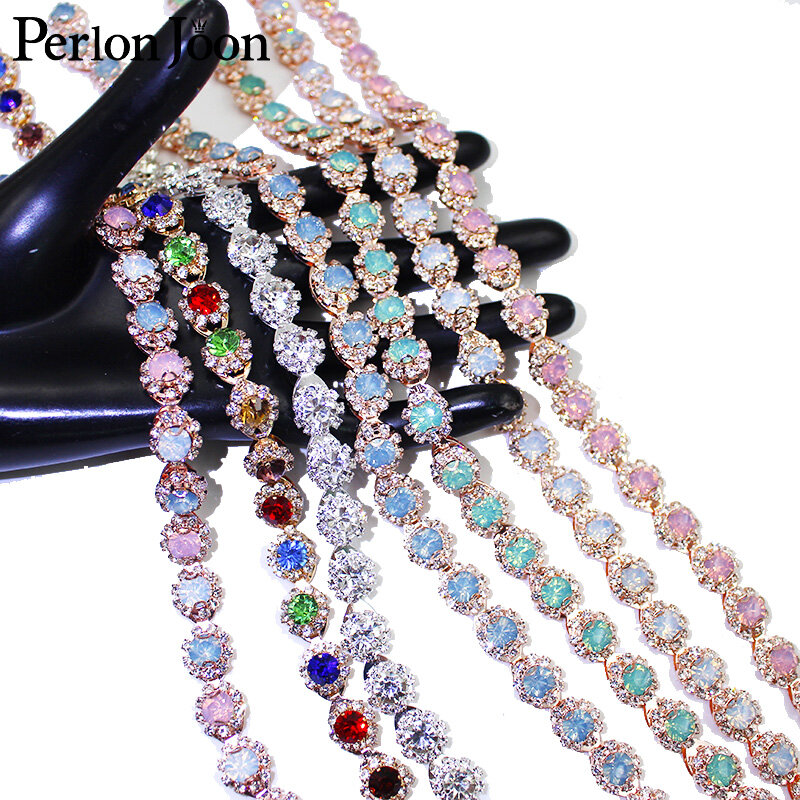 Crystal Jelly Rhinestone Trim Ribbon, Rose Gold Metal Chain para o vestido, saco, sapatos, acessórios, cor, ML044, 1Yard