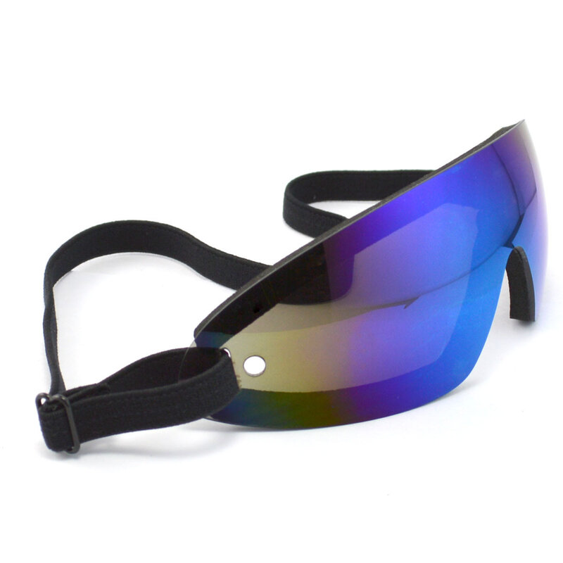 Elaborazione di occhiali sportivi in schiuma antivento con pellicola riflettente di colore blu