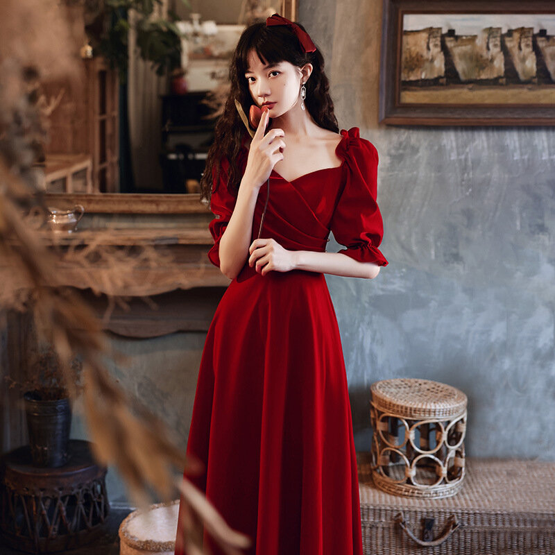 Elegant สแควร์ A-Line Burgundy Velour Evening กลับซิปผู้หญิง Gowns อย่างเป็นทางการ Robe De Soiree Cheongsam ขนาด3XL