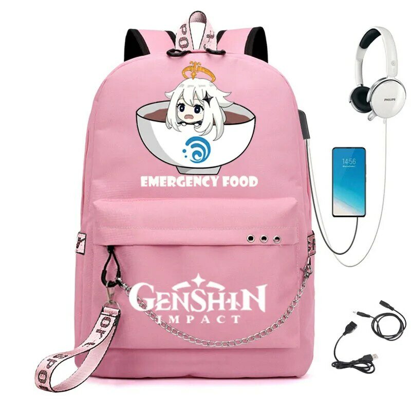 Genshin impacto anime mochila usb schoolbag padrão mochila estudante juventude escola livro de viagem portátil