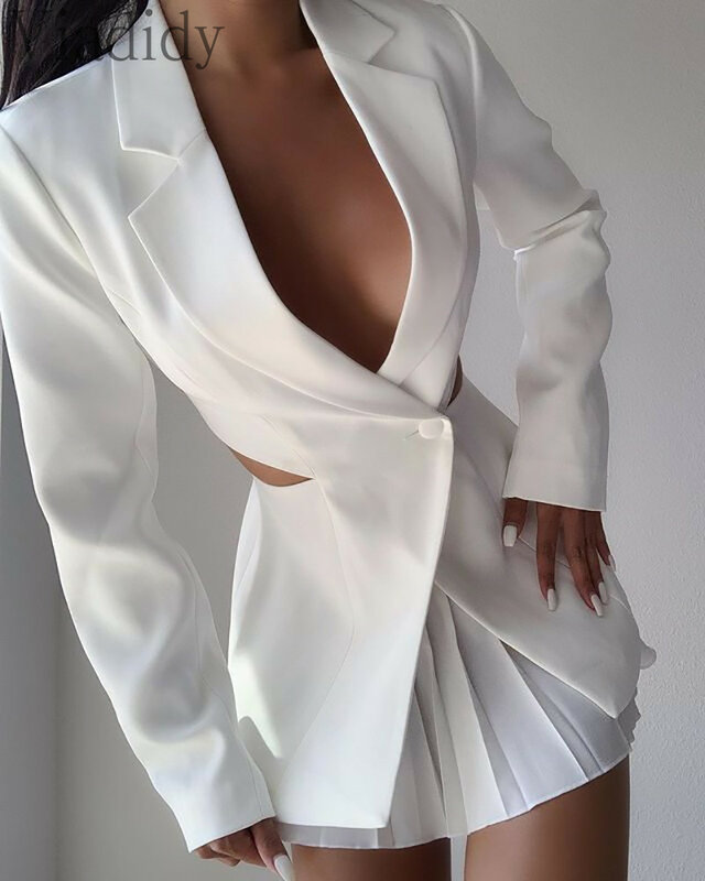 Women Solid Color Deep V Long Sleeve Cut Out Design Blazer Coat