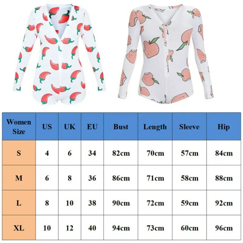 Womens Sexy V-Neck Long Sleeve Bodycon Casual Peachy Spicy Print Button Sleepwear Jumpsuit Shorts Romper Leotard Button Bodysuit