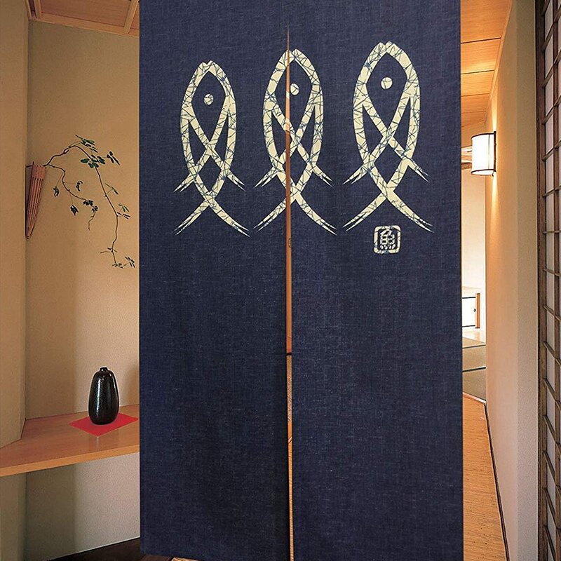ผ้าม่านญี่ปุ่นNorenโบราณตัวอักษรปลาTapestryสำหรับตกแต่งบ้านBlue 33X59Inch