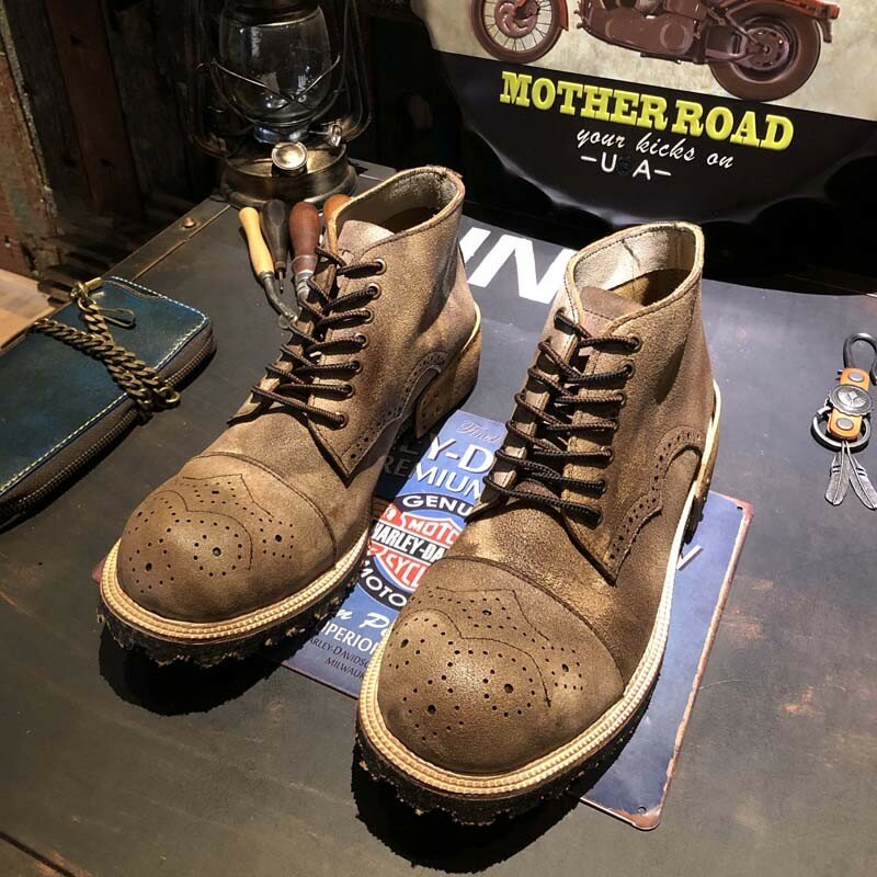 Gaya Asli 100% Antik Inggris Kulit Keselamatan Gurun Pria Merek Renda Motor Sepatu Bot Pergelangan Kaki Kerja Diukir Sepatu Brogue