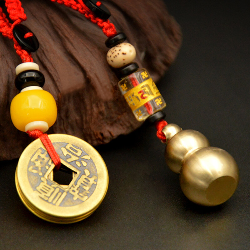 Fengshui – pendentif clé porte-bonheur cinq empereurs, petite gourde en cuivre pur